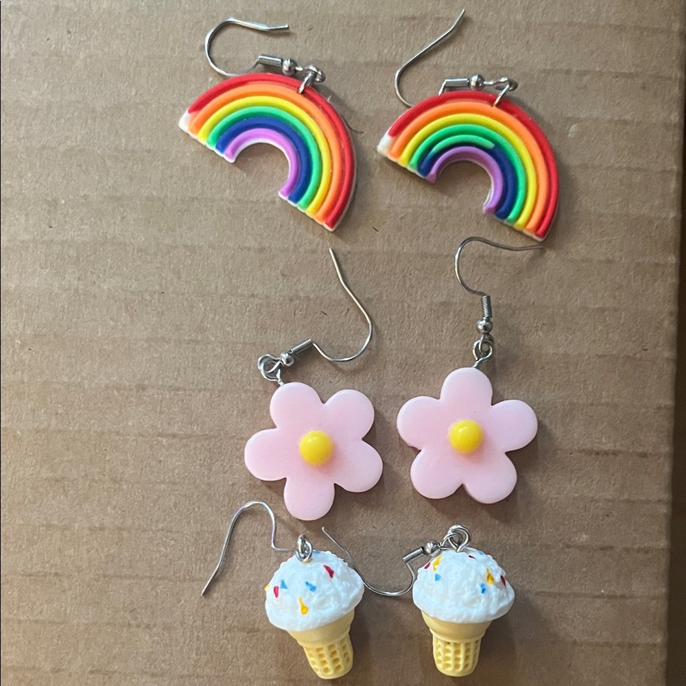 Fun Women’s Earrings Set - Rainbow, Pink Flower, Ice Cream